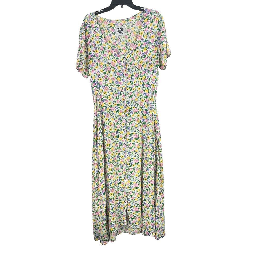 Vintage H2O New Generation Dress L White‎ Green Midi Ditsy Floral Button Up